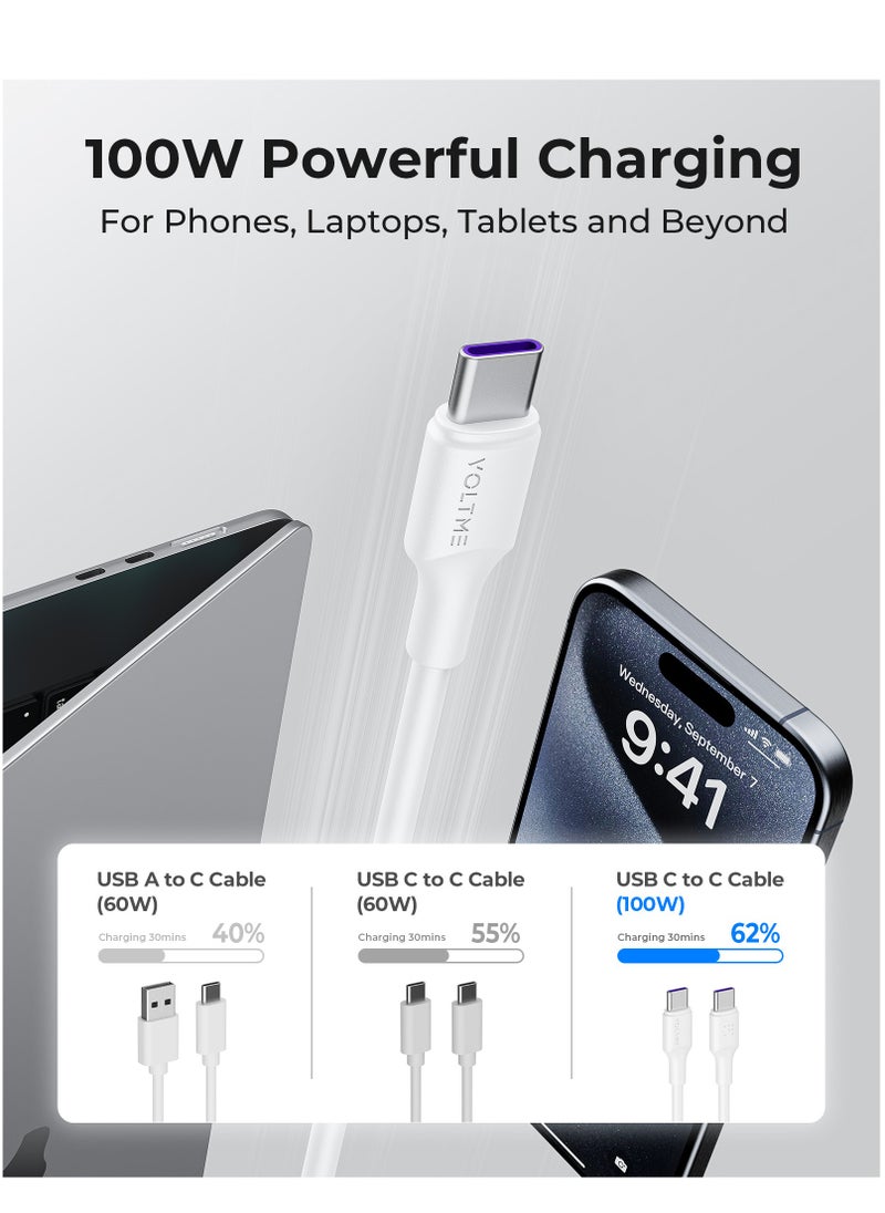 VOLTME - 100W USB-C to USB-C Fast Charging Cable [2M]5A, Type C Charger Compatible with iPhone 16 Pro/Max/Plus/15/15 Pro/15 Pro Max, Samsung Galaxy S24/S23+/S23 Ultra, MacBook Pro 2020, MacBook Air, iPad Pro/Air, Pixel, and Most Android Devices, High-Speed Data Transfer & Durable (White) - Image 1