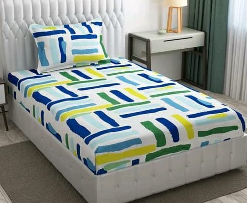 KAWI Single Printed Bedsheet Elastic Fitted Glace Cotton With 1 Pillow Cover -200 Tc (Size 72X48X Up To 8 Inches Mattress) - Multi Print, Full - Image 1