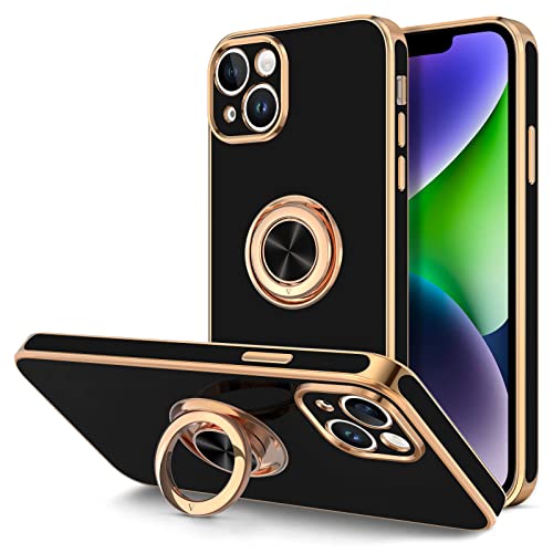 Hython for iPhone 14 Plus Case with Ring Stand [360° Rotatable Ring Holder Magnetic Kickstand] [Support Car Mount] Plated Gold Edge Soft TPU Luxury Shockproof Protective Phone Case Cover, Black - Image 1