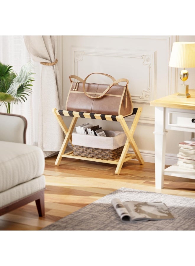 VITION Luggage Rack with Lower Storage Shelf, Bamboo Folding Suitcase Stand, 6 Reinforced Straps for Guest Room, Hotel, Bedroom (Beige) - Image 2
