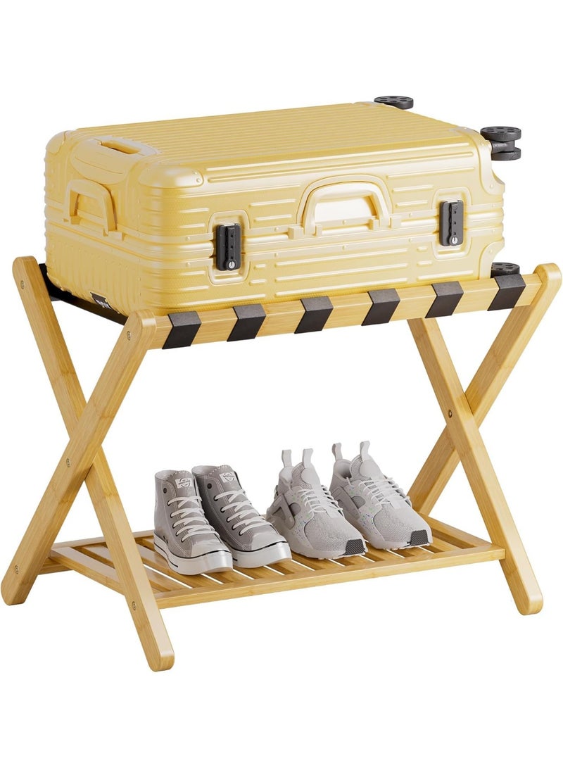 VITION Luggage Rack with Lower Storage Shelf, Bamboo Folding Suitcase Stand, 6 Reinforced Straps for Guest Room, Hotel, Bedroom (Beige) - Image 1