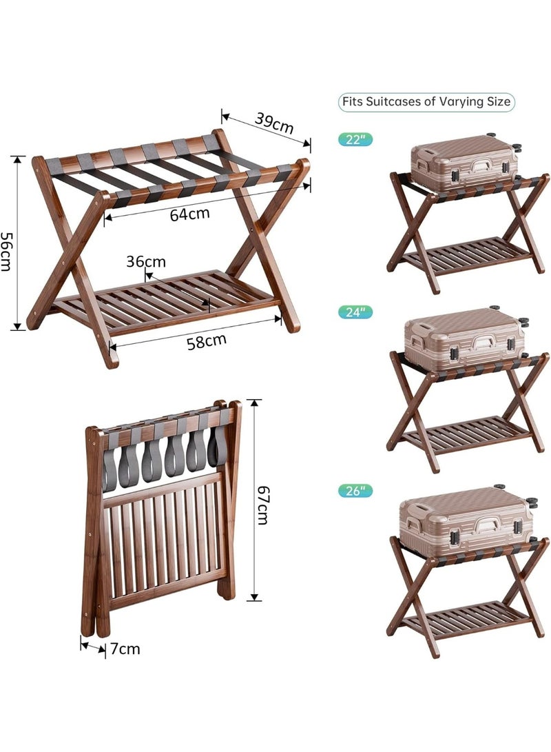 VITION Luggage Rack with Lower Storage Shelf, Bamboo Folding Suitcase Stand, 6 Reinforced Straps for Guest Room, Hotel, Bedroom (Beige) - Image 3