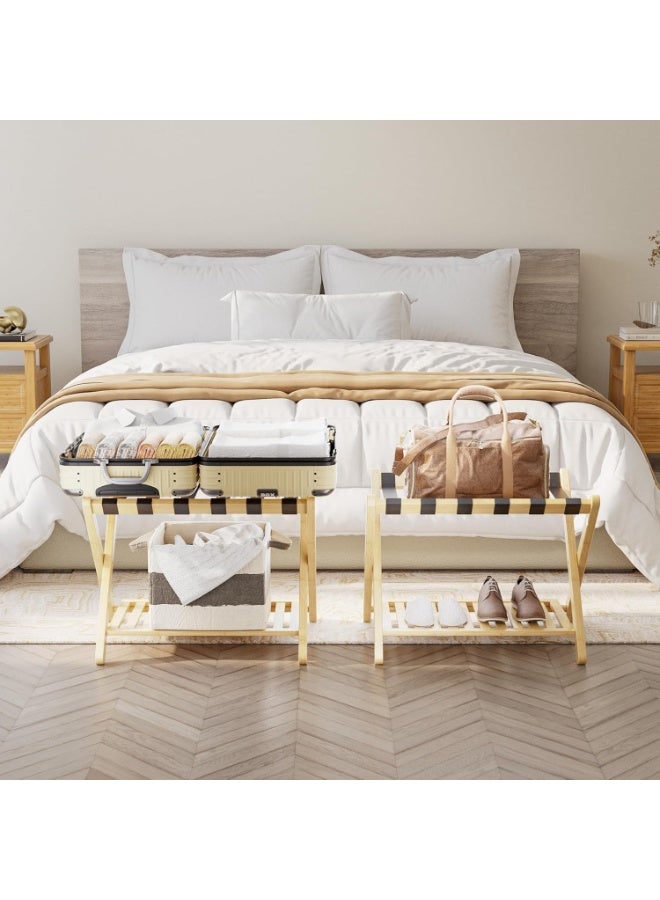 VITION Luggage Rack with Lower Storage Shelf, Bamboo Folding Suitcase Stand, 6 Reinforced Straps for Guest Room, Hotel, Bedroom (Beige) - Image 4