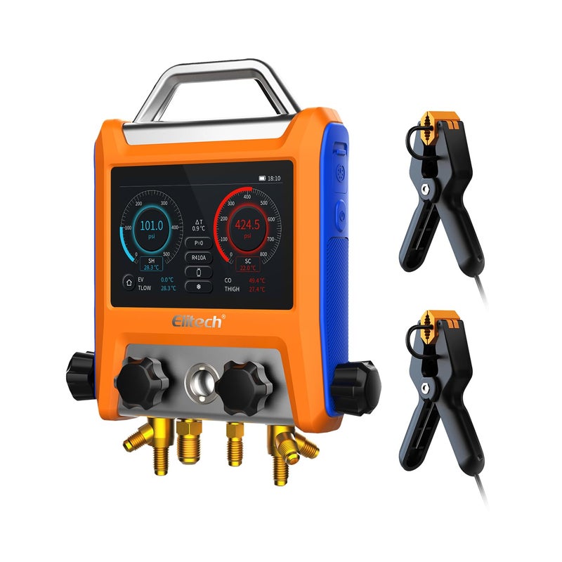Elitech Digital Manifold Gauge HVAC 4 Valve Manifold Gauge with Hoses Vaccum Sensor Thermometer Clamps EMG40V