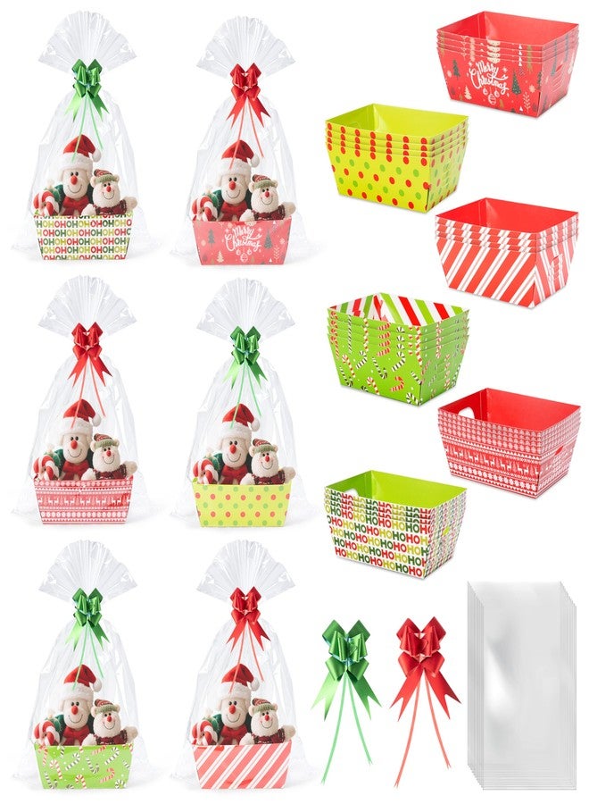 OSNIE Colorful Basket Gifts Empty with Cellophane Basket Bags and Ribbons Bows, 6 Styles Red Green Xmas Mix Theme Cardboard Gifts Baskets to Fill for Thanksgiving Christmas New Year Party, 24 Sets - Image 1