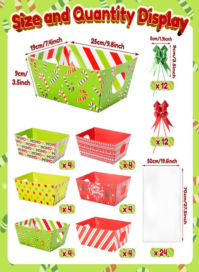 OSNIE Colorful Basket Gifts Empty with Cellophane Basket Bags and Ribbons Bows, 6 Styles Red Green Xmas Mix Theme Cardboard Gifts Baskets to Fill for Thanksgiving Christmas New Year Party, 24 Sets - Image 2