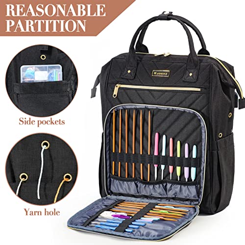 Kuosdaz Knitting Bag Backpack Yarn Organizer with USB Charging Port Quilted Backpack for Women Gifts for Crocheters Large Travel Crochet Bag Totes for Crochet Hooks Knitting Needles Yarn Supplies Black - Image 3