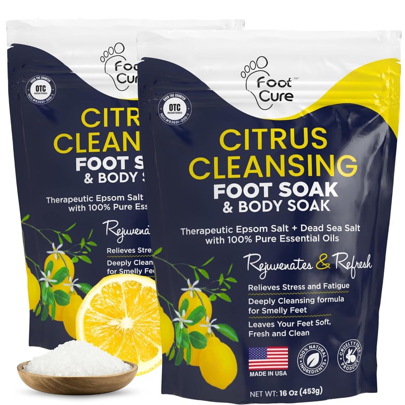 Foot Cure علاج القدمين نقع القدم بالحمضيات مع أملاح إبسوم لجلد القدم المتصلب، تعزيز المناعة، أظافر القدم التالفة، قدم الرياضي، باديكير وتهدئة الأقدام المتعبة المؤلمة - 16 أونصة (عبوة من 2) - Image 1