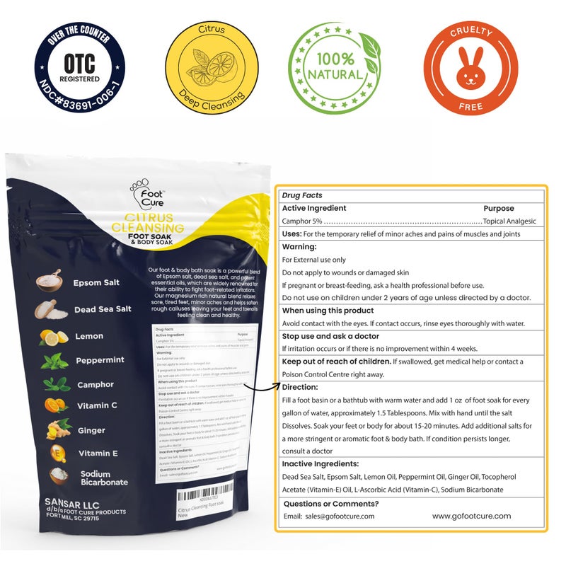 Foot Cure علاج القدمين نقع القدم بالحمضيات مع أملاح إبسوم لجلد القدم المتصلب، تعزيز المناعة، أظافر القدم التالفة، قدم الرياضي، باديكير وتهدئة الأقدام المتعبة المؤلمة - 16 أونصة (عبوة من 2) - Image 2