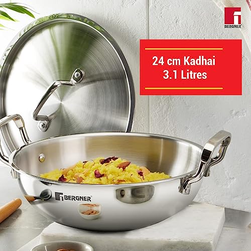 Bergner TriPro Triply Stainless Steel 3 Pcs Cookware Set - 24cm (3L) Indian Wok/Kadai with Lid, 16cm (1.7L) Teapan, Event Heating, Consumes Less Oil, Healthy Cooking - Induction and Gas Stove Ready - Image 2