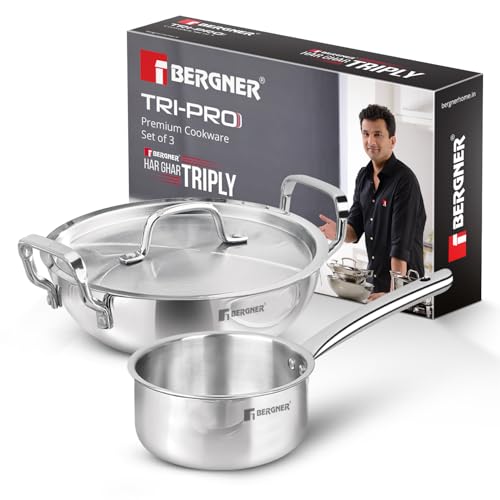 Bergner TriPro Triply Stainless Steel 3 Pcs Cookware Set - 24cm (3L) Indian Wok/Kadai with Lid, 16cm (1.7L) Teapan, Event Heating, Consumes Less Oil, Healthy Cooking - Induction and Gas Stove Ready - Image 1