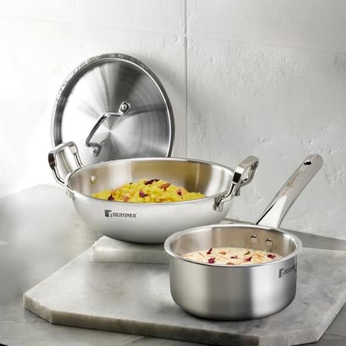 Bergner TriPro Triply Stainless Steel 3 Pcs Cookware Set - 24cm (3L) Indian Wok/Kadai with Lid, 16cm (1.7L) Teapan, Event Heating, Consumes Less Oil, Healthy Cooking - Induction and Gas Stove Ready - Image 4