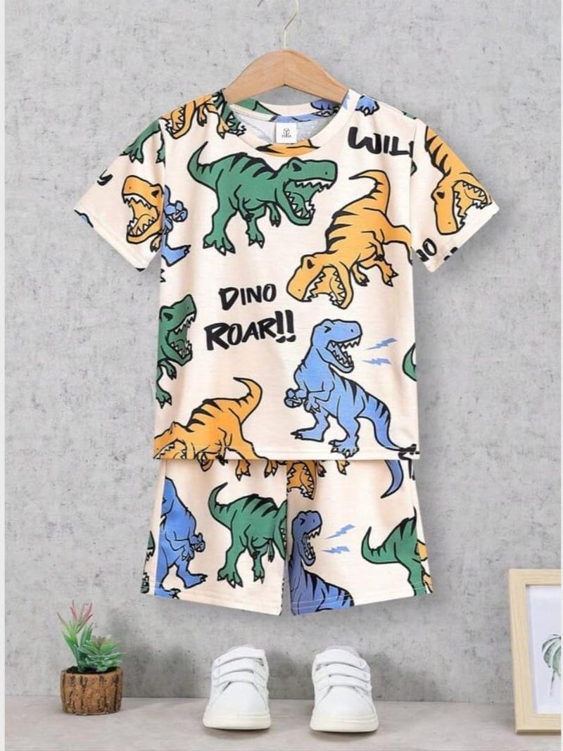 Thiya Boys Dino Printed Cotton Blend Casual Wear Comfortable Cap Sleeve Co-Ord Set(4-5Years), White - Image 3