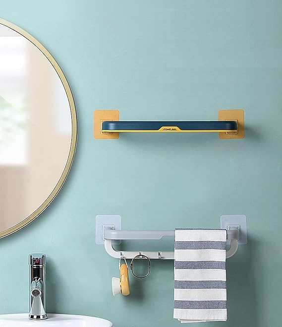 SNAPCOM Towel Bar for Bathroom with Shelves Folding Towel Bars Double Layer Plastic Towel Rack with Hooks Wall Mounted Multifunctional Rack (Pack of 1) - Image 4