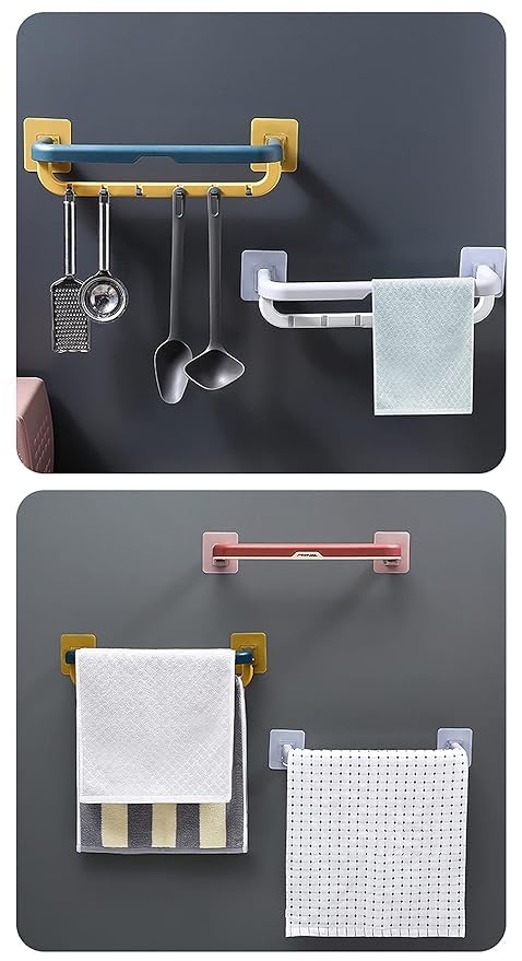 SNAPCOM Towel Bar for Bathroom with Shelves Folding Towel Bars Double Layer Plastic Towel Rack with Hooks Wall Mounted Multifunctional Rack (Pack of 1) - Image 3