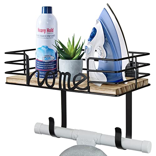 TJMOREE TJ.MOREE Ironing Board Hanger Wall Mount - Laundry Room Decor Iron and Ironing Board Holder with Large Storage Wooden Base Basket and Removable Hooks (Black) - Image 1