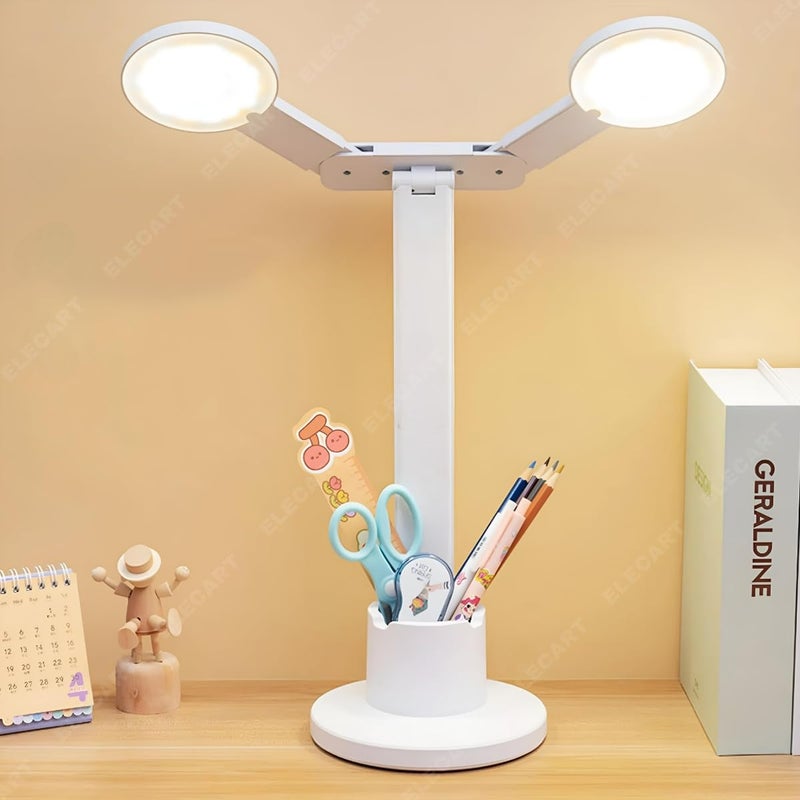 Elecart 3 Colour Mode Dual Head LED StudyTableDesk Lamp with Pen Phone Holder 180 Rotating Foldable Neck Touch OnOff Lamp Dimming Halo Rechargeable LED Table Lamp Pack of 1 - Image 1