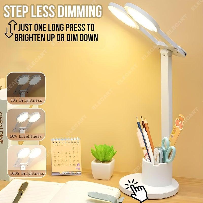 Elecart 3 Colour Mode Dual Head LED StudyTableDesk Lamp with Pen Phone Holder 180 Rotating Foldable Neck Touch OnOff Lamp Dimming Halo Rechargeable LED Table Lamp Pack of 1 - Image 4