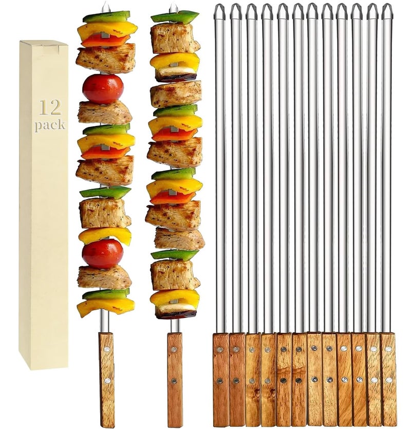 مجموعة فوكوب 12 قطعة من أسياخ الكباب 22 بوصة من الفولاذ المقاوم للصدأ للشواء BBQ أسياخ قابلة لإعادة الاستخدام عصا مسطحة بمقبض خشبي مثالية للكوبيدة والدجاج البرازيلي والجمبري والكباب التركي
