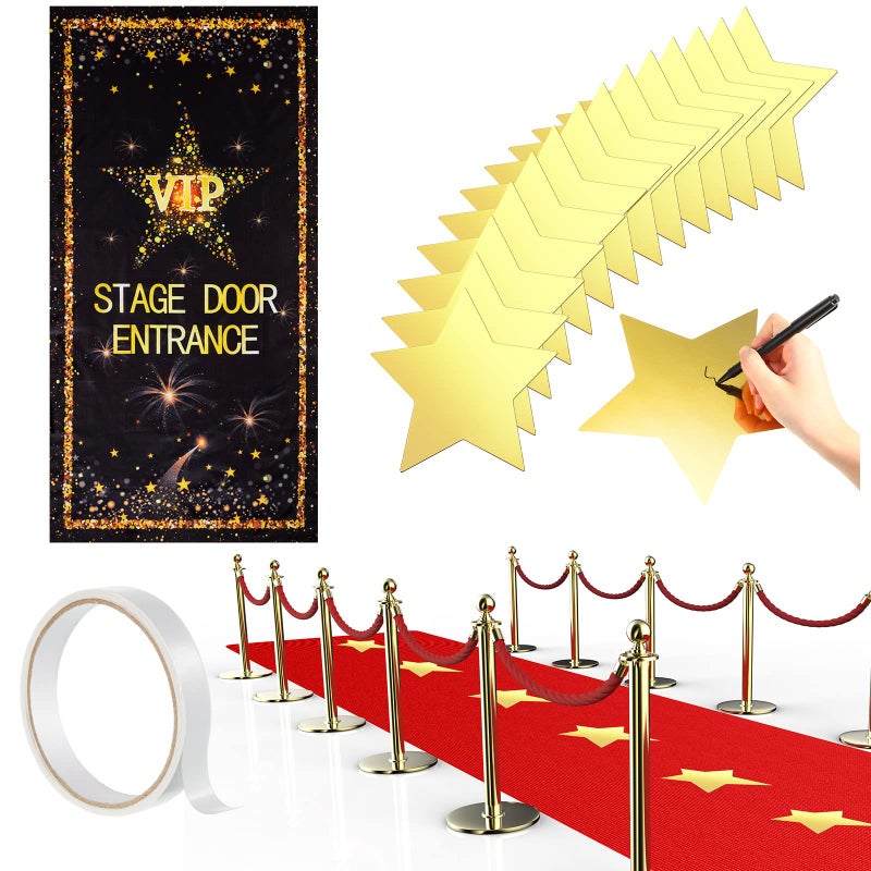 Timtin Red Carpet Runner for Party VIP Stage Movie Night 55gsm Thickness 2.62 x 14.5 ft Red Runner Rug Carpet 24 Gold Star Paper Cutouts Film Accessories Wedding Halloween Party Decoration Supplies - Image 1