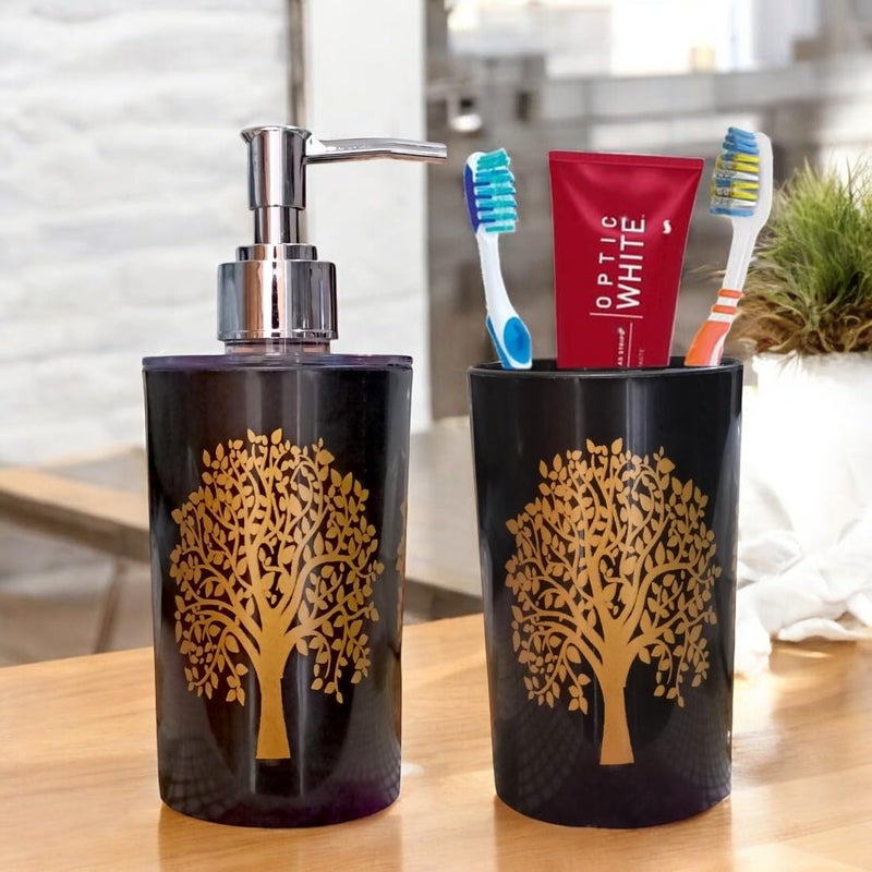 LAGET® Liquid Soap Dispenser for, Tooth Brush Holder/Stand/Kitchen 2 Set for Utility Décor for for Bathroom, Kitchen, WashBasin, Sink (Pack of 2) 350ML Black Gold Tree Print soap - Image 1