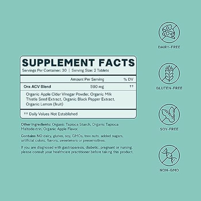 Ora Organic أقراص خل التفاح العضوي من أورا - معزز الأيض، تطهير الجسم، إدارة الوزن - نكهة التفاح العضوي، إمداد لشهر واحد، 60 قرص نباتي - Image 3