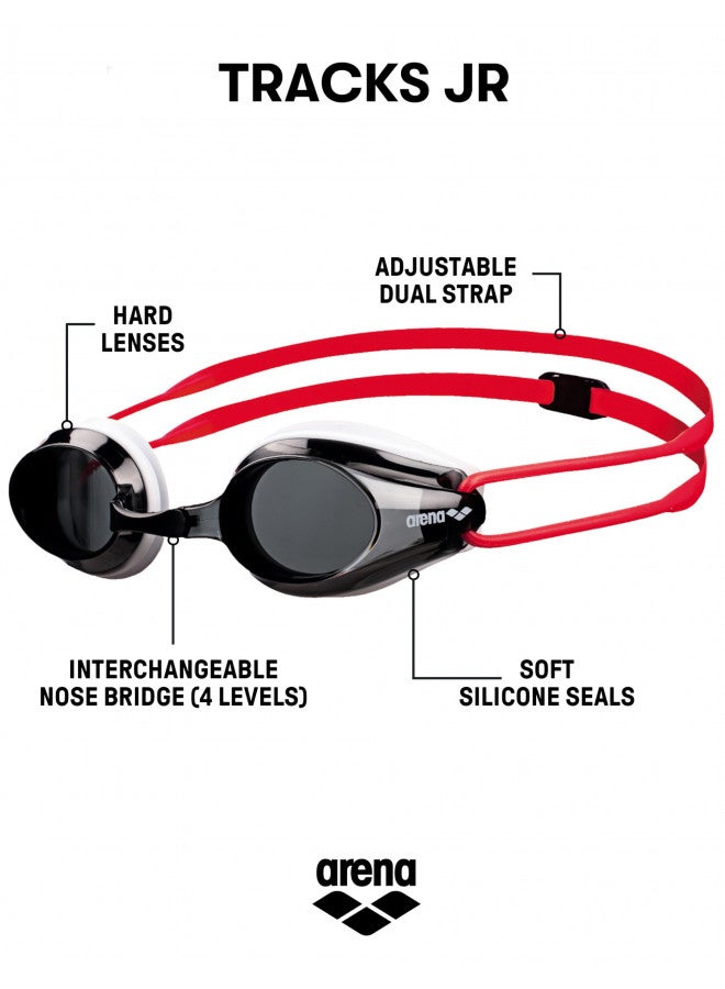 arena نظارات سباحة أساسية للسباحين الشباب من أرينّا تتناسب مع الجنسين، للأطفال من 6-12 سنة، عدسات غير عاكسة ومغطاة بمادة مضادة للضباب، دخاني/أبيض/أحمر - Image 1