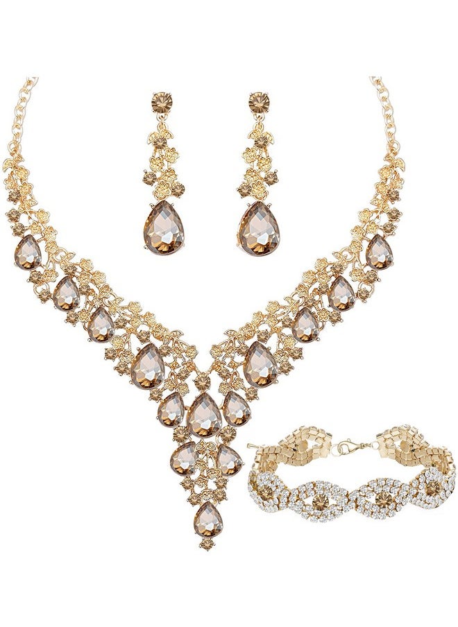 Paxuan - Wedding Bridal Bridesmaid Austrian Crystal Rhinestone Jewelry Sets Statement Choker Necklace Earrings Bracelets Sets For Wedding Party Prom (Necklace + Earring + Bracelet (Champagne)) - Image 1