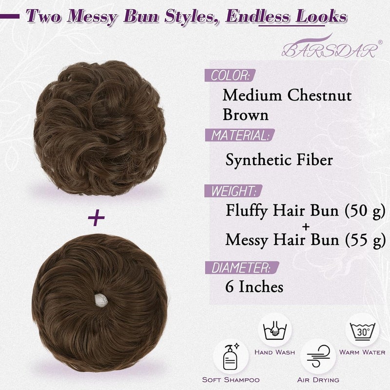 BARSDAR 2 PCS Messy Bun Hair Pieces, Elastic Medium Chestnut Brown Messy Hair Bun Scrunchies Extensions for Women Synthetic Thick Fluffy Updo Chestnut Brown Hairpieces Daily - Image 2