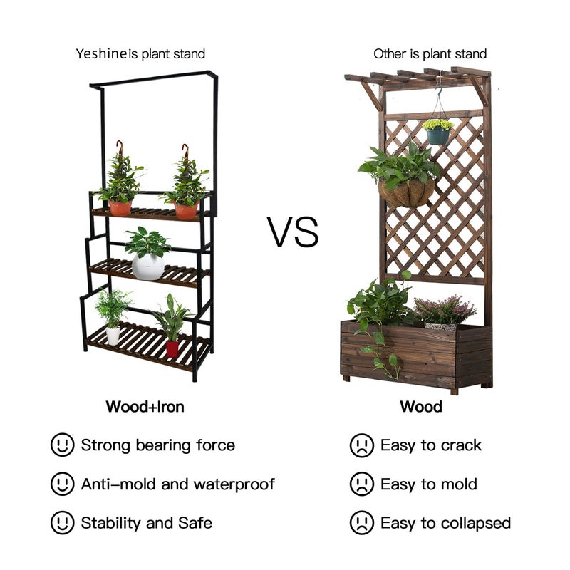 yeshine Large Plant Stand Indoor Outdoor, 3 Tier Heavy Duty Hanging Plant Stand with Bar, 60 Inch Tall Metal & Wood Ladder Shape Plant Shelf, Black Plant Display Rack Plant Shelves for Garden Patio Balcony - Image 2
