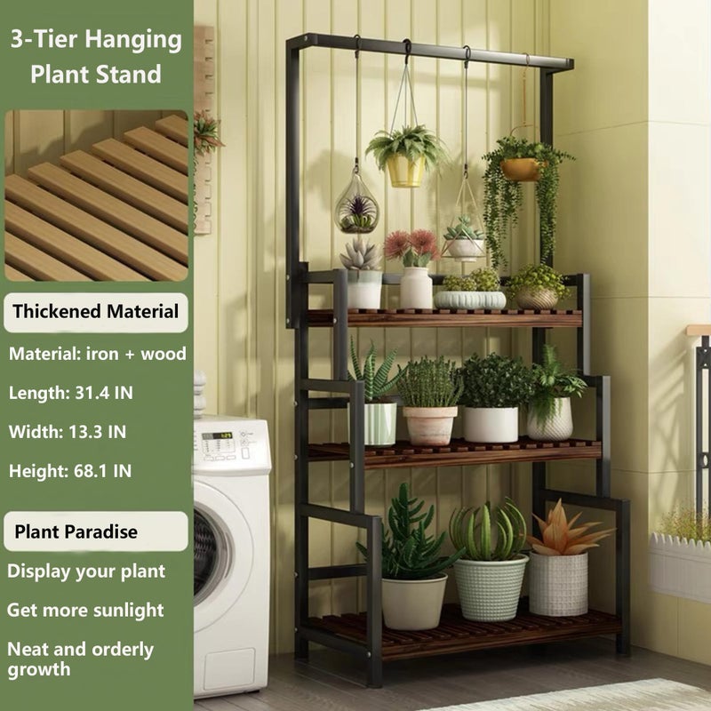 yeshine Large Plant Stand Indoor Outdoor, 3 Tier Heavy Duty Hanging Plant Stand with Bar, 60 Inch Tall Metal & Wood Ladder Shape Plant Shelf, Black Plant Display Rack Plant Shelves for Garden Patio Balcony - Image 4