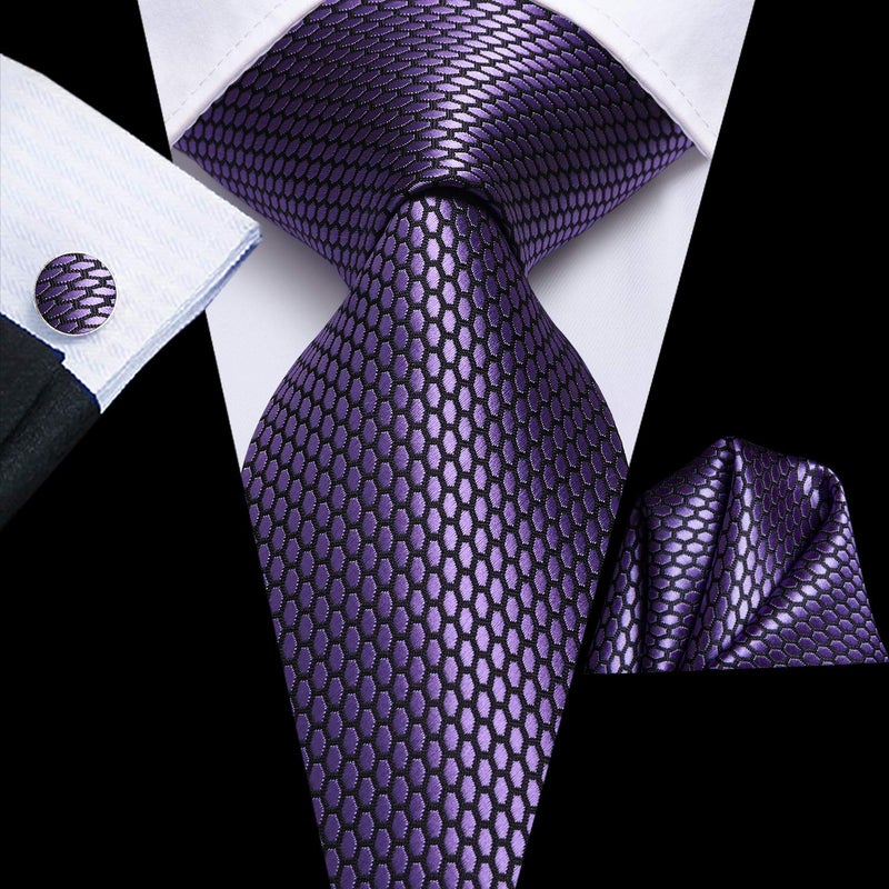 Dubulle Mens Tie Set Solid Paisley Silk Striped Necktie for Men with Cufflinks Tie and Pocket Square,Dark Purple - Image 4