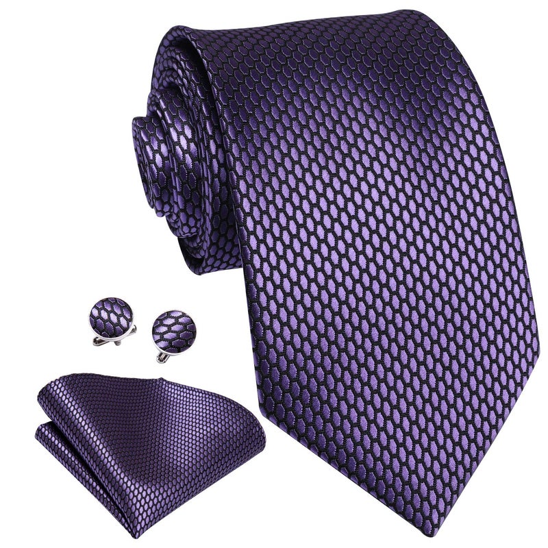 Dubulle Mens Tie Set Solid Paisley Silk Striped Necktie for Men with Cufflinks Tie and Pocket Square,Dark Purple - Image 3