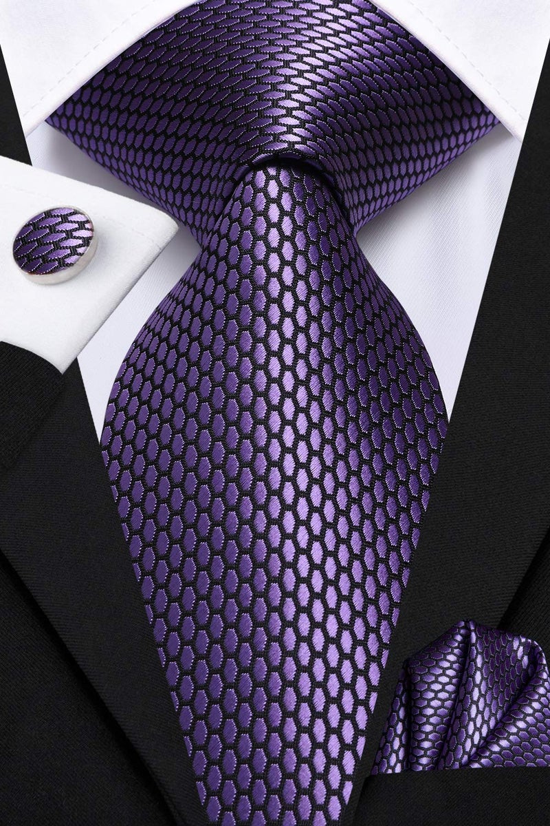 Dubulle Mens Tie Set Solid Paisley Silk Striped Necktie for Men with Cufflinks Tie and Pocket Square,Dark Purple - Image 2