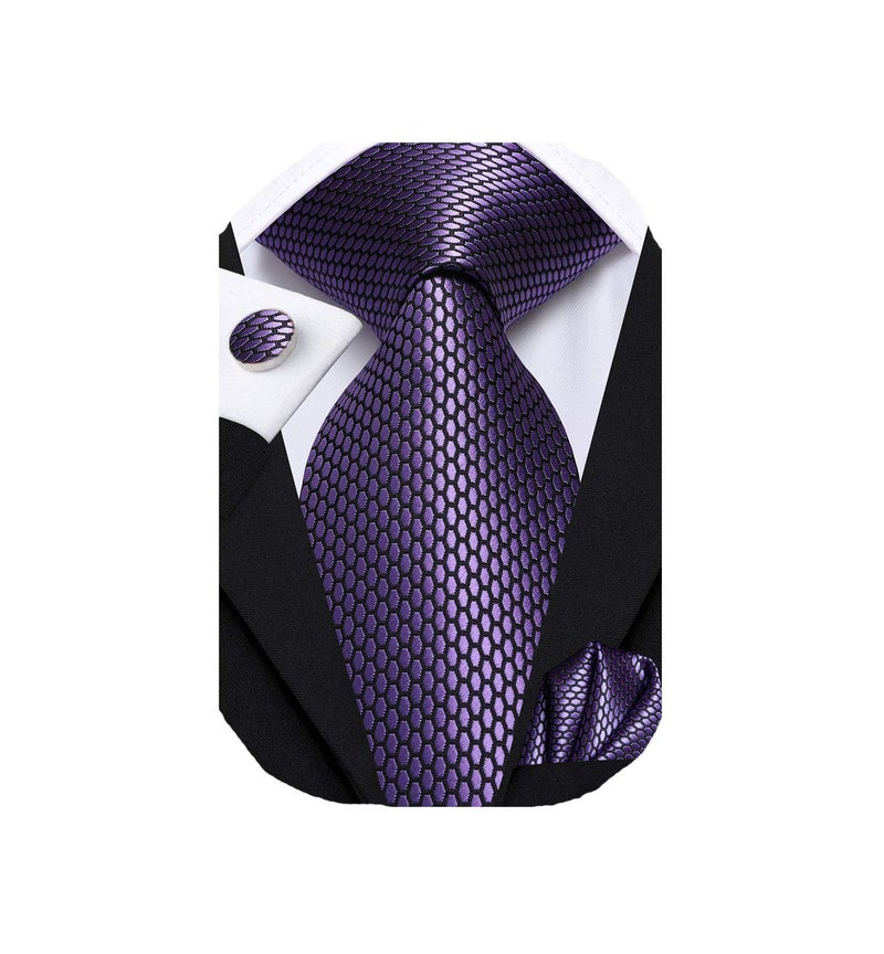 Dubulle Mens Tie Set Solid Paisley Silk Striped Necktie for Men with Cufflinks Tie and Pocket Square,Dark Purple - Image 1