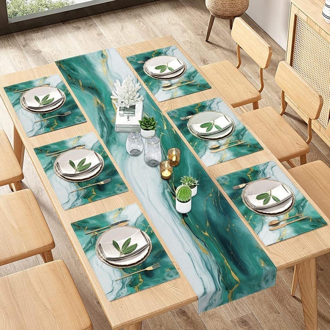 EMERALD GREEN GOLD MARBLE TABLE RUNNER AND PLACEMATS SET OF 6 AGATE TEAL STONE ABSTRACT DINING DECOR FOR DAILY USE1 TABLE RUNNER 72 INCHES LONG AND 6 PLACEMATS