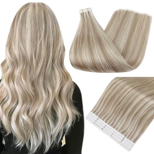 Full Shine Tape in Hair Extensions Human Hair 18 Inch Remy Human Hair Tape in Extensions Color 18613 Ash Blonde Highlight with Platinum Blonde Invisible Hair Extensions Tape Ins 20Pcs 50Grams