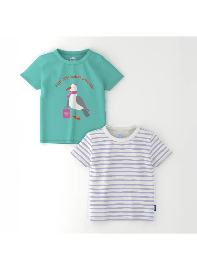 نوتيناتي Nautinati Girls' Pack of 2 Cotton Striped and Graphic Printed T-shirts