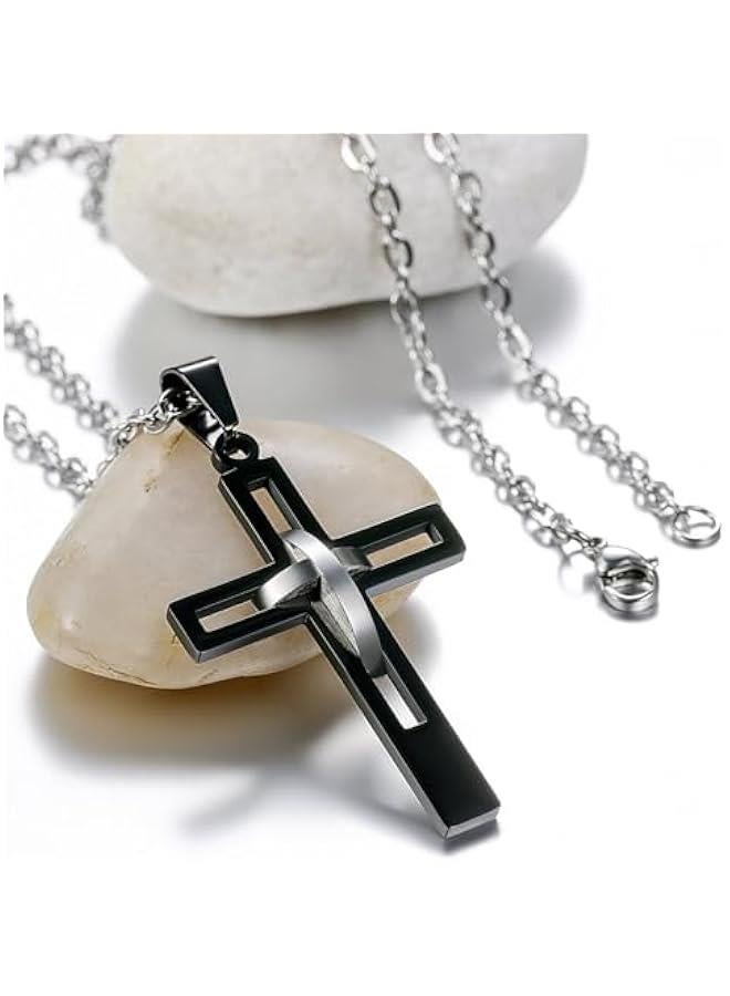 Arabest Men's Vintage Stainless Steel 2 Tone Hollowed Dual Cross Pendant Necklace, 22 inch Chain - Image 2