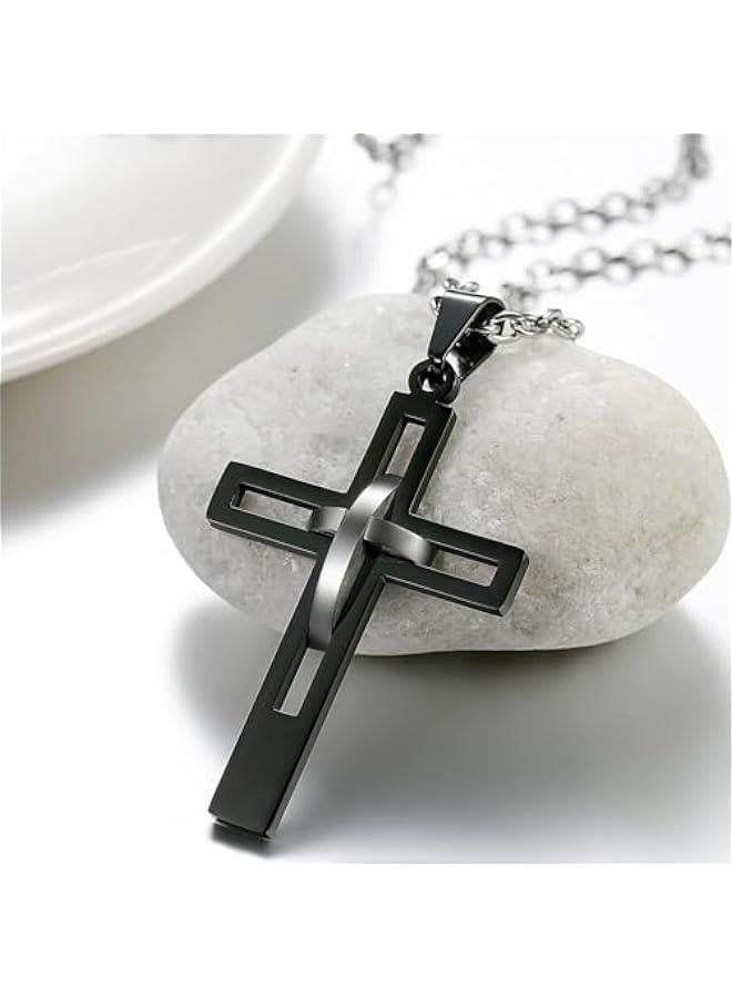 Arabest Men's Vintage Stainless Steel 2 Tone Hollowed Dual Cross Pendant Necklace, 22 inch Chain - Image 3