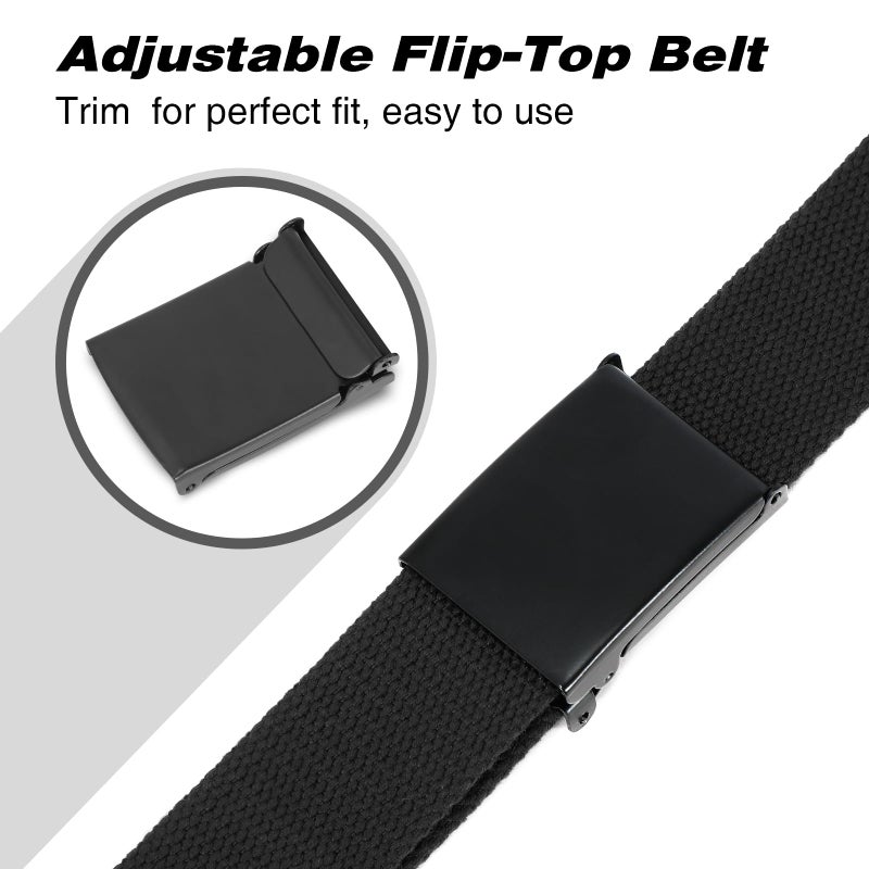 WHIPPY Canvas Web Belt Flip-Top Solid Black Military Buckle Fully Adjustable Mens Webbing Belts Cut To Fit Black S - Image 3