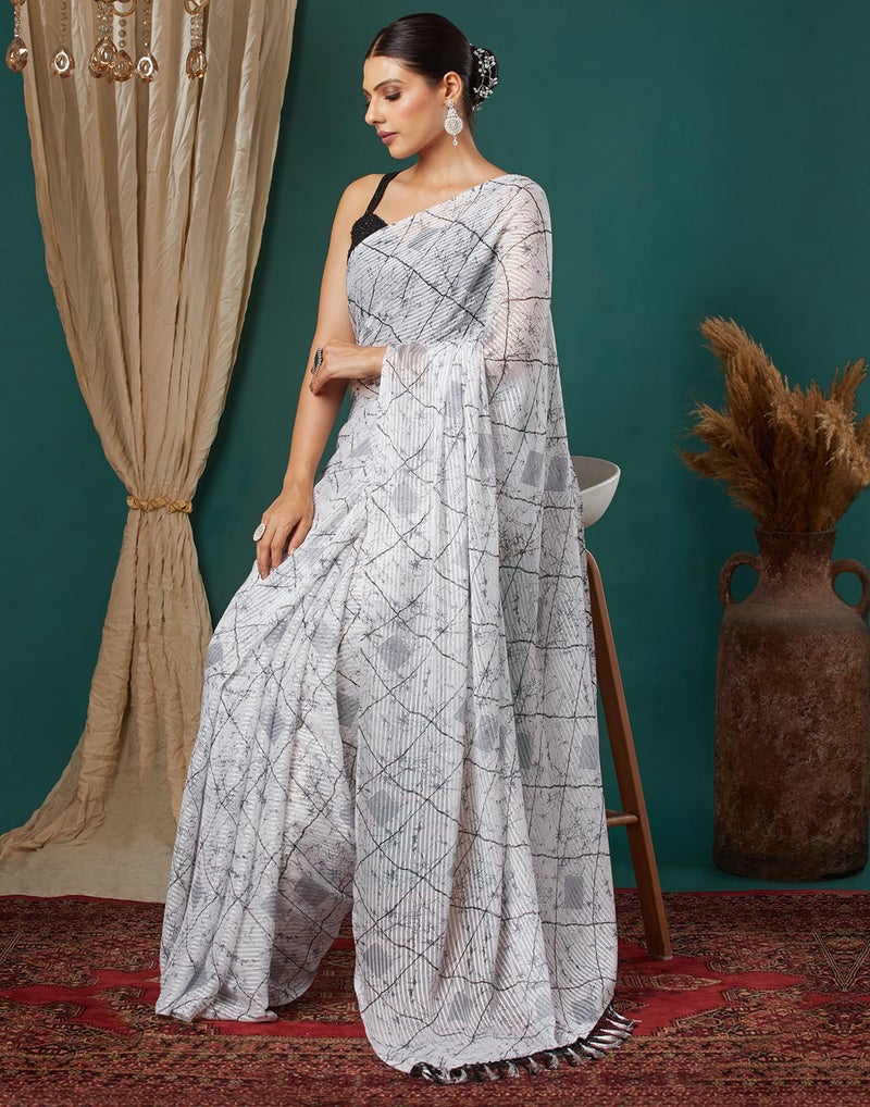 SIRIL Women's Georgette Bandhani Printed With Sequence Lace Saree With Unstitched Blouse Piece (4193S141_White & Red) - Image 3