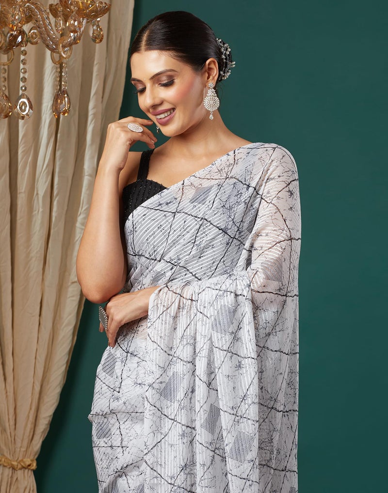 SIRIL Women's Georgette Bandhani Printed With Sequence Lace Saree With Unstitched Blouse Piece (4193S141_White & Red) - Image 5
