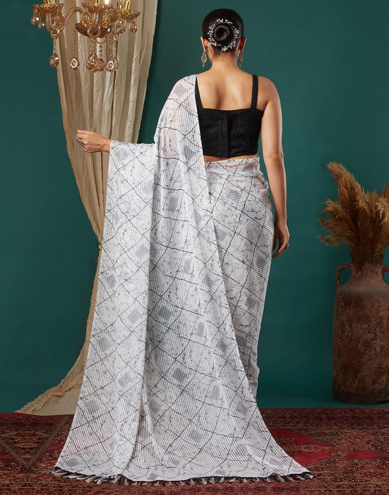 SIRIL Women's Georgette Bandhani Printed With Sequence Lace Saree With Unstitched Blouse Piece (4193S141_White & Red) - Image 4