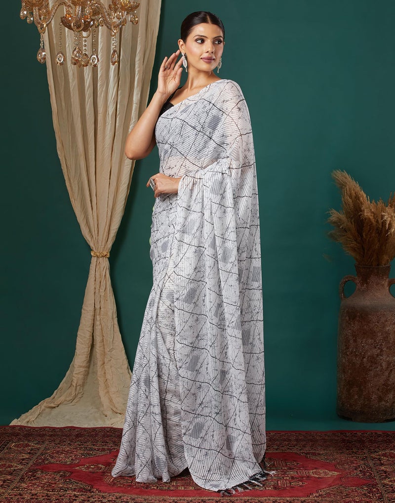 SIRIL Women's Georgette Bandhani Printed With Sequence Lace Saree With Unstitched Blouse Piece (4193S141_White & Red) - Image 2