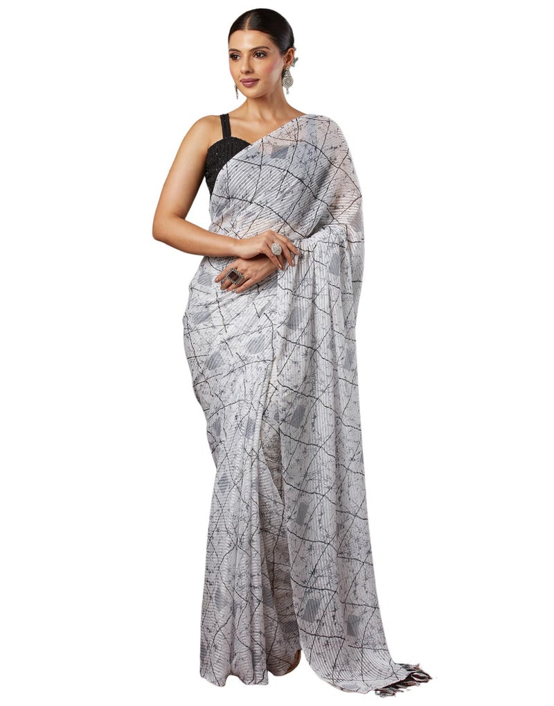 SIRIL Women's Georgette Bandhani Printed With Sequence Lace Saree With Unstitched Blouse Piece (4193S141_White & Red) - Image 1