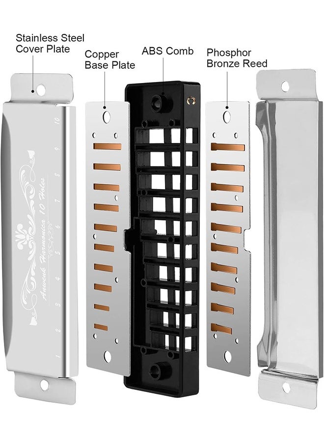 Generic Harmonica, C Key Blues Harmonica for Beginners and Adults, 10 Holes Mouth Organ Blues Harp Diatonic Harmonica,Children Musical Instrument(Silver)  - Image 2