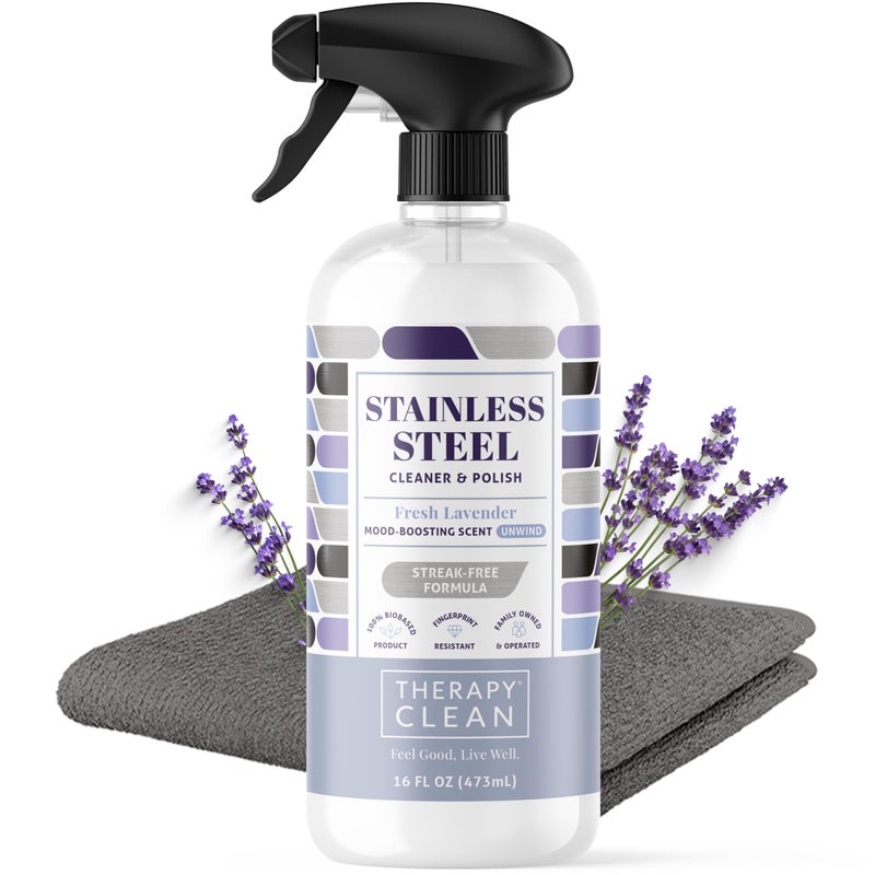 Therapy Stainless Steel Cleaner and Polish 100% USDA Biobased, Fingerprint and Residue Remover, Lavender Essential Oil Scent, Sink Cleaner, Grill Cleaner Spray - Image 1
