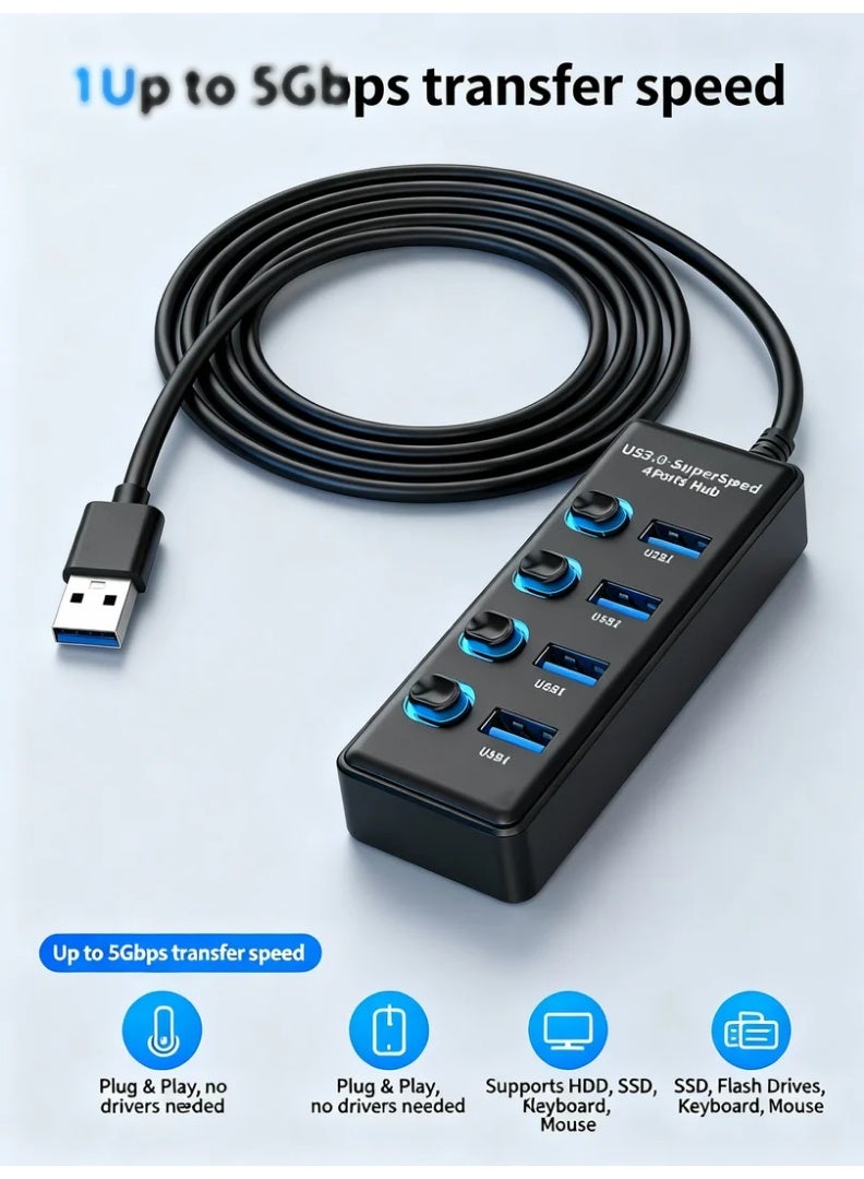 robotgcc USB 3.0 Hub 4-Port High-Speed Expansion Adapter with 1m Extended Cable | Multi-Device USB Splitter for Laptops, PCs, Notebooks and Mac | Supports Keyboards, Mice, Flash Drives, External HDDs, SSDs, Printers, Gaming Accessories, Office Peripherals and Daily Multi-Device Connectivity - Image 4