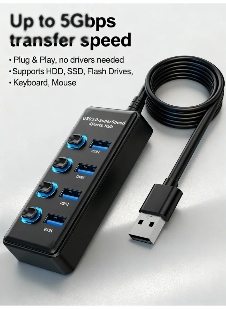 USB 3.0 Hub 4-Port High-Speed Expansion Adapter with 1m Extended Cable | Multi-Device USB Splitter for Laptops, PCs, Notebooks and Mac | Supports Keyboards, Mice, Flash Drives, External HDDs, SSDs, Printers, Gaming Accessories, Office Peripherals and Daily Multi-Device Connectivity
